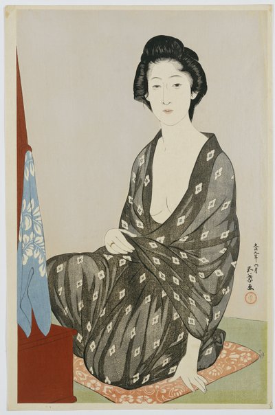 鏡の前に座っている白い花菱模様の黒い着物の美女1920 作： Goyo Hashiguchi