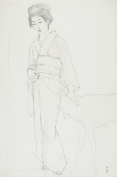 鹿をなでる女性の絵 作： Goyo Hashiguchi