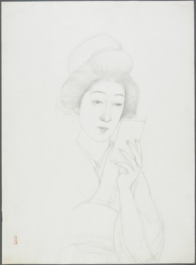 鏡を持った女性の絵 作： Goyo Hashiguchi