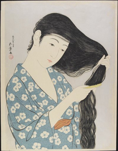 彼女の髪をとかす女性、1929年3月 作： Goyo Hashiguchi