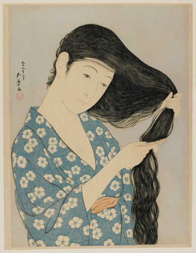 髪をとかす女大正1920年3月（色木版） 作： Goyo Hashiguchi