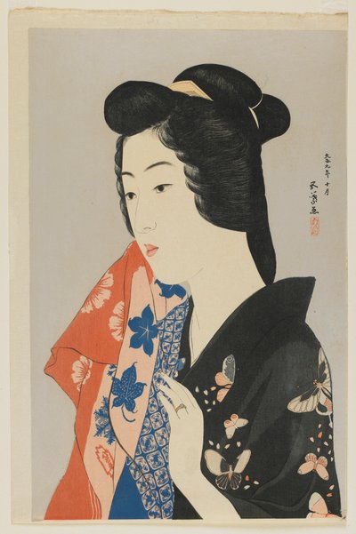 1920年10月大正時代タオルを持つ女性（色木版画） 作： Goyo Hashiguchi