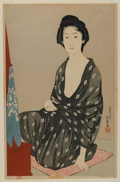 大正時代のサマードレスを着た女性、1920年6月（カラー木版画） 作： Goyo Hashiguchi