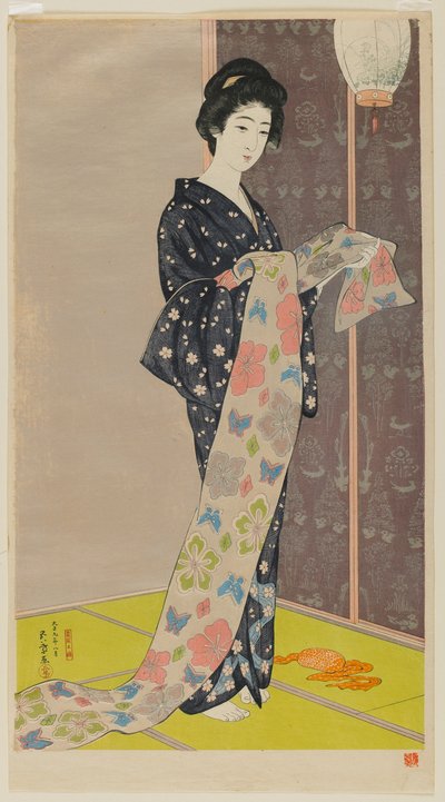 Woman in a Summer Kimono (Kaso no musume) Taisho era, August 1920 (colour woodblock print) 作： Goyo Hashiguchi