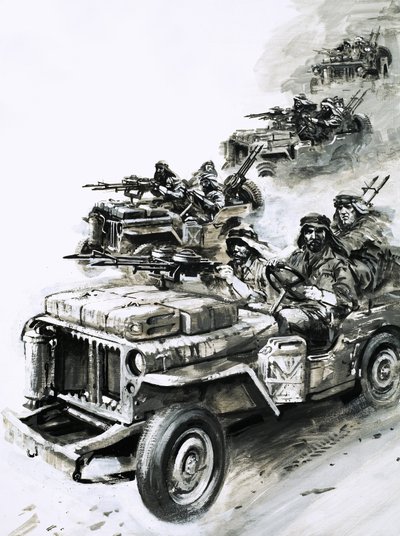 デイビッド・スターリングが「スターリングのレイダーズ」を率いて北アフリカのドイツ・イタリア空軍と戦う 作： グラハム・コトン