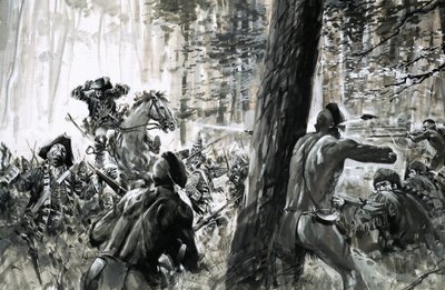 1765年、エドワード・ブラドック将軍はフランス兵と獰猛なカナダ・インディアンの待ち伏せに遭った。 作： グラハム・コトン