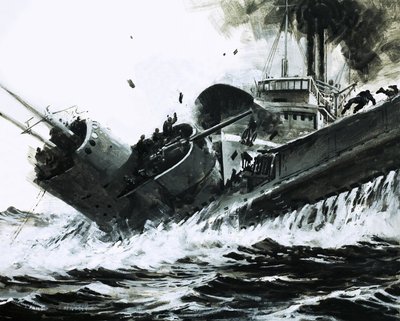 1930年の中国海で、2,000トンの汽船「裕太」が潜水艦「ポセイドン」の側面に衝突した。 作： グラハム・コトン