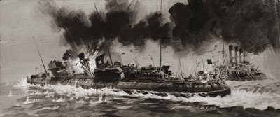 正体不明のWW1海軍交戦（紙にグワッシュ） 作： グラハム・コトン