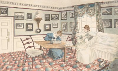 1820～30年、ウォリックシャー州ハットンの室内で書き物や縫い物をする若い女性2人。 作： Granddaughters of Dr. Samuel Parr.