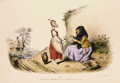 フクロウがロバの運勢を占う」1854年に復刻された「Les Metamorphoses du Jour」シリーズの風刺画（カラーエングレーヴィング）。 作： Grandville