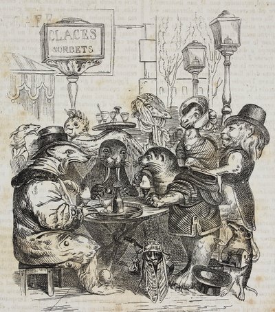 アイスクリーム屋に座る獣たち、ジャン＝ジャック・グランドヴィル（1803-1847）の風刺画の後にジョヴァンニ・マリアーニが描いたリトグラフ、『Piorama Pittoresco』n 24, 1月21日より 作： Grandville