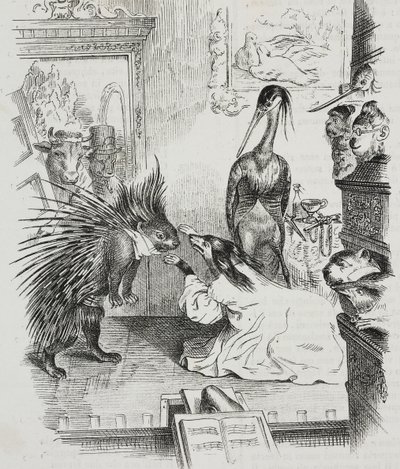 犬とヤマアラシ（Jean-Jacques Grandville (1803-1847)による風刺画、Giovanni Marianiによるリトグラフ（『Piorama Pittoresco』n 38, 4月30日より 作： Grandville