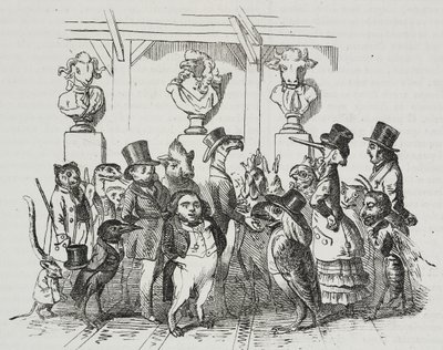 劇場の出口」ジャン＝ジャック・グランドヴィル（1803-1847）の風刺画、ジョヴァンニ・マリアーニのリトグラフ（『Piorama Pittoresco』n 39, 5月7日より）。 作： Grandville