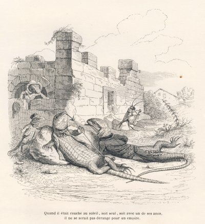 友人の一人と一緒に太陽の下でタバコを吸うトカゲ。JJ Granvilleによるイラスト入りのヴィネット。Scenes de la vieie et publique des animaux "にPJ Stahlが書いた "Souvenirs d