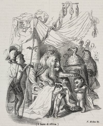 アフリカのライオン、アフリカのライオンと3頭の先住民の若いライオンの物語のキャラクター、Jean-Jacques Grandville（1803-1847）のデッサンの後、Filippo Molino（1804-1856）がリトグラフで描いたもの。 作： Grandville