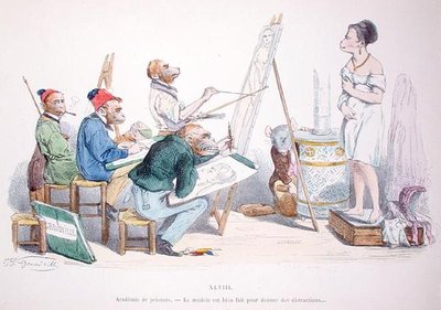 モデルは気晴らしを提供するために完璧に形成されている」1854年に再版された「Les Metamorphoses du Jour」シリーズの風刺画（カラーの彫刻版） 作： Grandville