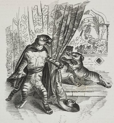 短剣を持って進む虎、ジャン＝ジャック・グランドヴィル（1803-1847）の風刺画、ガエターノ・リッチョのリトグラフ（『Piorama Pittoresco』n 39, 5月7日より 作： Grandville