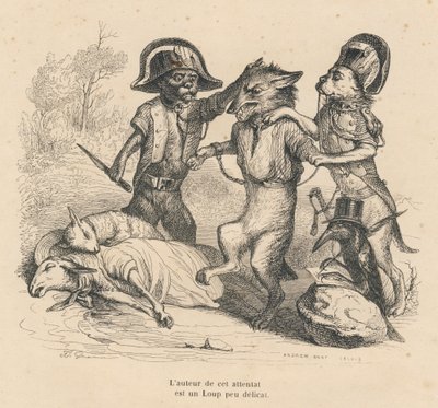 狼が2匹の羊を殺したところで逮捕。JJ Granvilleが描いたヴィネット。Emile de La Bedolliereが「Scenes de la vie privee et pebolliere」の中で書いた「Cour criminelle de justice animale」という部分にAndrew、Best、Leloirのサインが入ったエングレーヴィング。 作： Grandville