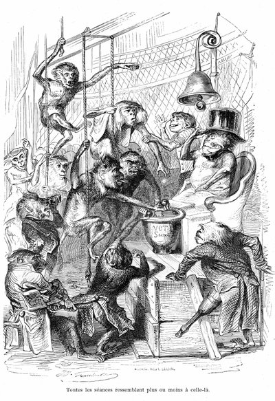 漫画La Chambre des Deputes vue comme un Palais des Monpes - Grandvilleによるエングレーヴィング、"Les animaux painted pa them memes", Hetzel edition 1867 p. 566 - Chapter entitled "Tablets of the Gira". 作： Grandville (1803 47)