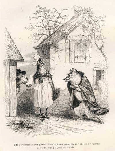 犬と雌鳥と狐の会話。JJ Granvilleが描いたヴィネット。シャルル・ノディエが "Scenes de la vie privee et publique des animaux "の中で書いた "Un renard pris au piege "という部分にゴダールのサインが入ったエングレーヴィング。パリ、J.H 作： Grandville