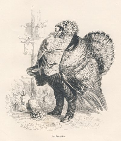 銀行員としてのトルコJJ Granvilleが描いたヴィネット。エングレーヴィングにはTamisierのサインがあり、PJ Stahlが "Scenes de la vieie et publique des animaux "に書いた "Souvenirs d