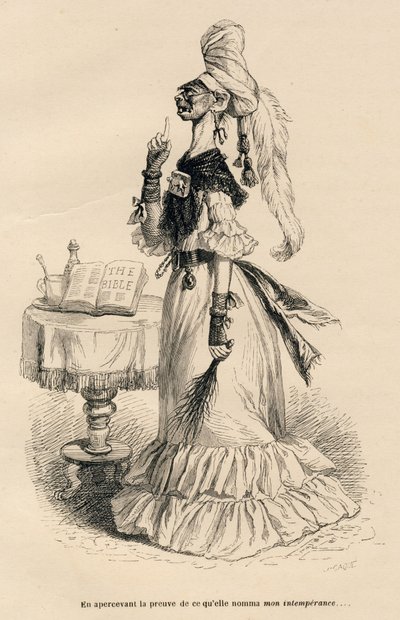 彼女が私の乱痴気騒ぎを証明するものを見てJJ Granvilleによるイラスト入りのヴィネット。オノレ・ド・バルザックが「Scenes de la vie privee et publique de de Paris」の中で書いた「Peines de cour d