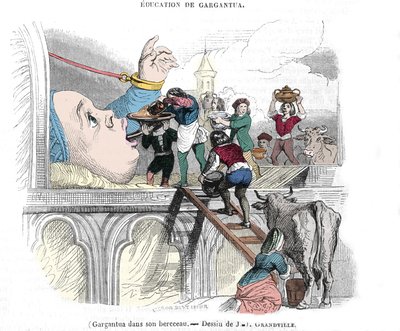 フランスの作家、フランソワ・ラブレー（1483-1553）の小説に登場するキャラクター、ガルガンチュア。"ガルガンチュアの教育」 揺りかごの中のガルガンチュア（Gargantua）。ジェラール・グランドヴィル（1803-1847）によるイラスト 19世紀 作： Grandville