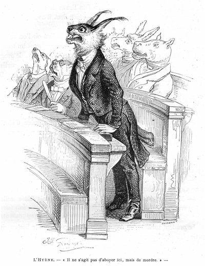 Grandville engraving, extracted from the book Private and Public Life of Animals (Les animaux ints par them memes), edition Hetzel 1867 - 人間の政治集会の風刺画。 作： Grandville (1803 47)