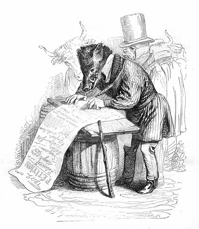 Grandville engraving from the book "Private and public life of animals (Les animaux painted par eux memes)", Hetzel edition 1867 - 風刺画：嘆願書を書くイノシシ。 作： Grandville (1803 47)