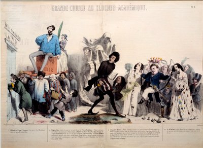 アカデミックな鐘楼への素晴らしい競演。作家のアルフレッド・ド・ヴィニー（1797-1863）、ウジェーヌ・スー（1804-1857）アレクサンドル・デュマ（1802-1870）、オノレ・ド・バルザック（1799-1850）が認められている。ジェラール・グランドヴィル（1803-1847）によるエングレーヴィング 作： Grandville