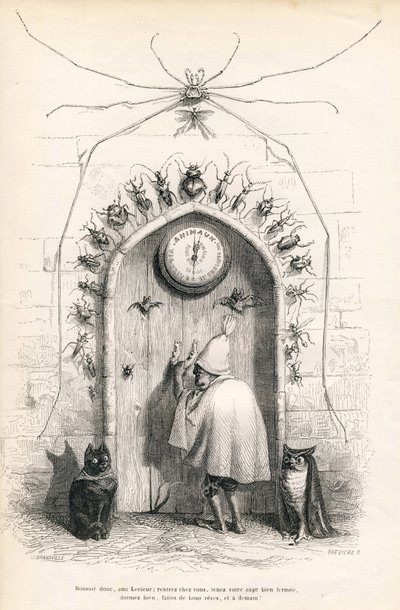 本の最後にある、読者へのお別れの言葉。JJ Granvilleによるイラスト入りのヴィネット。Scenes de la vie privee et publique des animaux "にPJ Stahlが書いたBreviere "Au lecteur "のサイン入りエングレーヴィング。パリ、J. Hetzel et Paulin 作： Grandville