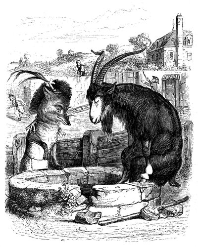 キツネとヤギ：ラ・フォンテーヌの寓話（グランヴィル挿絵）。 作： Grandville (1803 47)