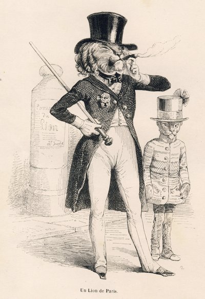 パリのライオン。JJ Granvilleによるイラスト入りのヴィネット。Honore de Balzacの "Scenes de la vie privee et publique des animaux "の中の "Voyage d