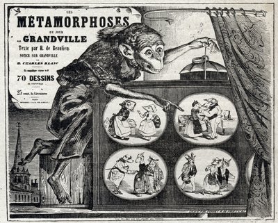 文学。風刺画家ジャン・ジャック・グランドヴィルの「日々の変態」。ポスター（フランス 作： Grandville