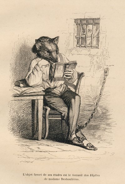 刑務所で読む狼。JJ Granvilleによるイラスト入りのヴィネット。Emile de La Bedolliereが "Scenes de la vie privee et publique des animaux "の中で書いた "Cour criminelle de justice animale "という部分にCaqueのサインが入ったエングレーヴィング。パリ、J.Hetzel 作： Grandville