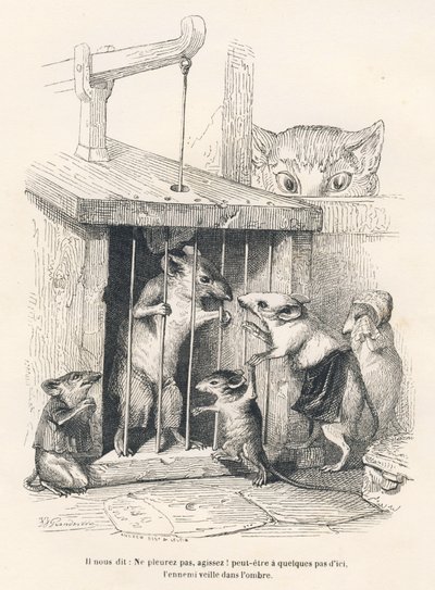 Trap : 捕虜になった人を泣かせに来るネズミを見張っている猫。JJ Granvilleによるイラスト入りのヴィネット。Scenes de la vie privee "の中でEdouard Lemoineが書いた "Le rat philosophe "というタイトルの部分にAndrew、Best、Leloirのサインが入ったエングレーヴィング。 作： Grandville