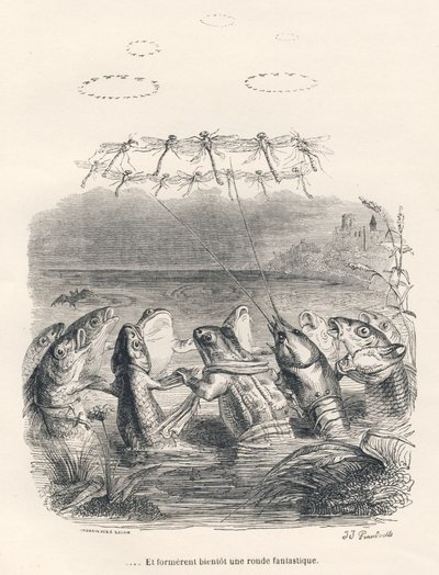 水の動物とトンボのラウンド。JJ Granvilleによるイラスト入りのヴィネット。Scenes de la vieie et publique des animaux "にPJ Stahlが書いた "Souvenirs d