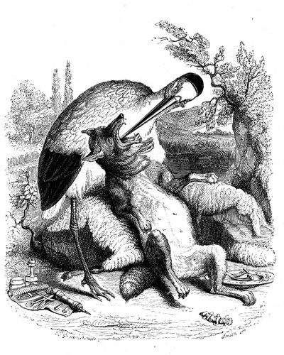 オオカミとコウノトリ：ラ・フォンテーヌの寓話（グランヴィル挿絵）。ガルニエ版1860年。コウノトリは医者として描かれている。 作： Grandville (1803 47)
