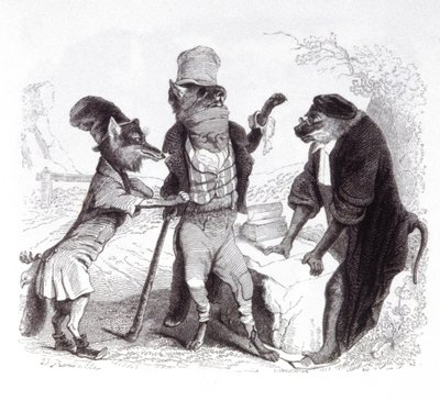 サルの前でキツネに懇願するオオカミ 作： Grandville (1803 47)