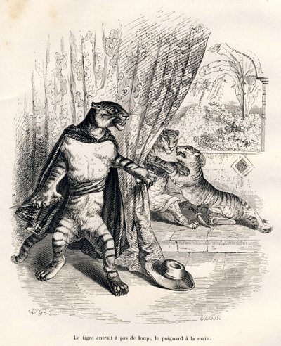 ナイフを手にしてステージに入るタイガー。JJ Granvilleが描いたヴィネット。ジュール・ジャナンが書いた「動物の私的・公的生活の情景」の中の「ピストルの第一巻」という部分にゴダールのサインが入ったエングレーヴィング。パリ、J.H 作： Grandville