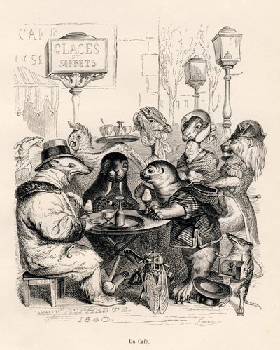 様々な動物たちが集まるカフェです。JJ Granvilleによるイラスト入りのヴィネット。Honore de Balzacの "Scenes de la vie privee et publique des animaux "の中の "Voyage d