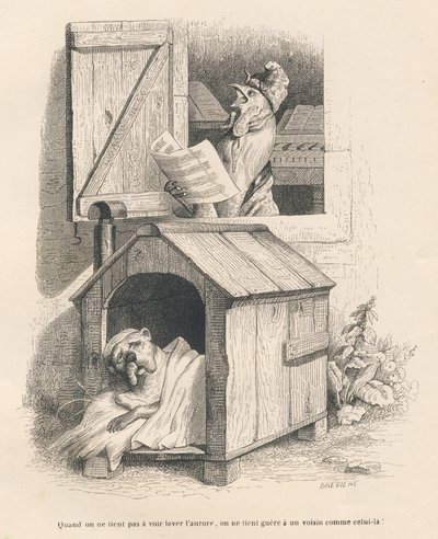 明け方の雄鶏の鳴き声で目を覚ました犬小屋の怠け者の犬。JJ Granvilleによるイラスト入りのヴィネット。エングレーヴィングには、PJ Stahlが「Scenes de la vie privee et publique des animaux」に書いた「Histoire d