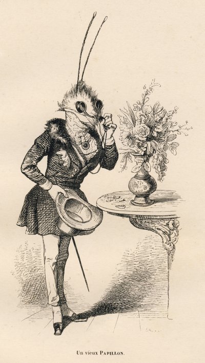 眼鏡をかけて時間を見る老蝶。JJ Granvilleによるイラスト入りのヴィネット。エングレーヴィングにBreviereのサイン、PJ Stahlが "Scenes de la vie privee et publique des animaux "の中で書いた "Les aventures d