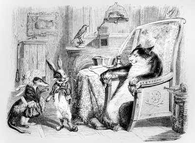 猫、イタチ、小さなウサギ、ラフォンテーヌ（1621-95）の「寓話」のイラスト、H。フルニエアイネ、1838年発行 作： Grandville
