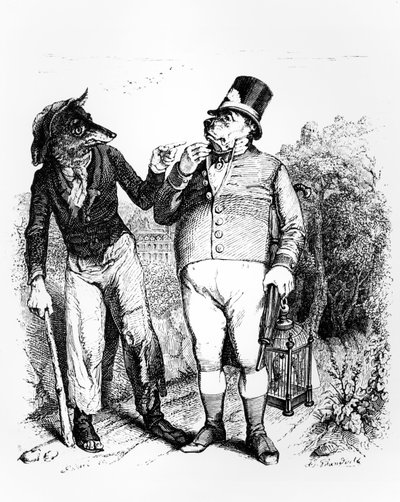 犬と狼、ラフォンテーヌの「寓話」のイラスト、H。フルニエアイネ発行、1838年 作： Grandville