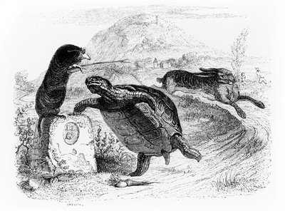 ウサギとカメ、ラフォンテーヌの「寓話」のイラスト、H。フルニエアイネから出版、1838 作： Grandville