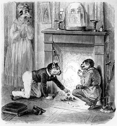 サルと猫、ラフォンテーヌ（1621-95）の「寓話」のイラスト、H。フルニエアイネ、1838年発行 作： Grandville