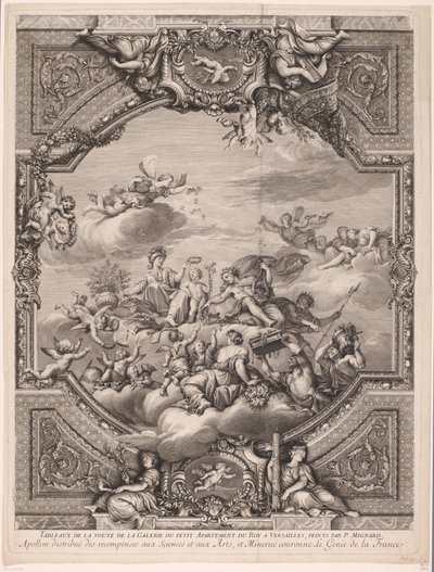 アポロは報酬を配り、ミネルバはフランスの天才の冠をかぶる Apollon distirbuë des recompenses aux Sciences et aux Arts, et Minerve couronne le Genie de la France (オブジェクトのタイトル) ベルサイユ宮殿の天井画（連載タイトル） 作： Gérard Audran