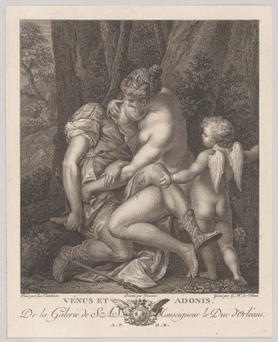 木の下に座って彼を抱きしめるアドニスを悼むヴィーナス、右側にキューピッド、c..., ca. 1786年。 作： Gérard René Le Vilain