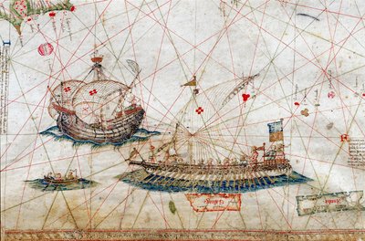ボローニャ大学図書館のGrazioso Benincasa（Rot.3）による航海図の背の高いマスト船の詳細。 作： Grazioso Benincasa